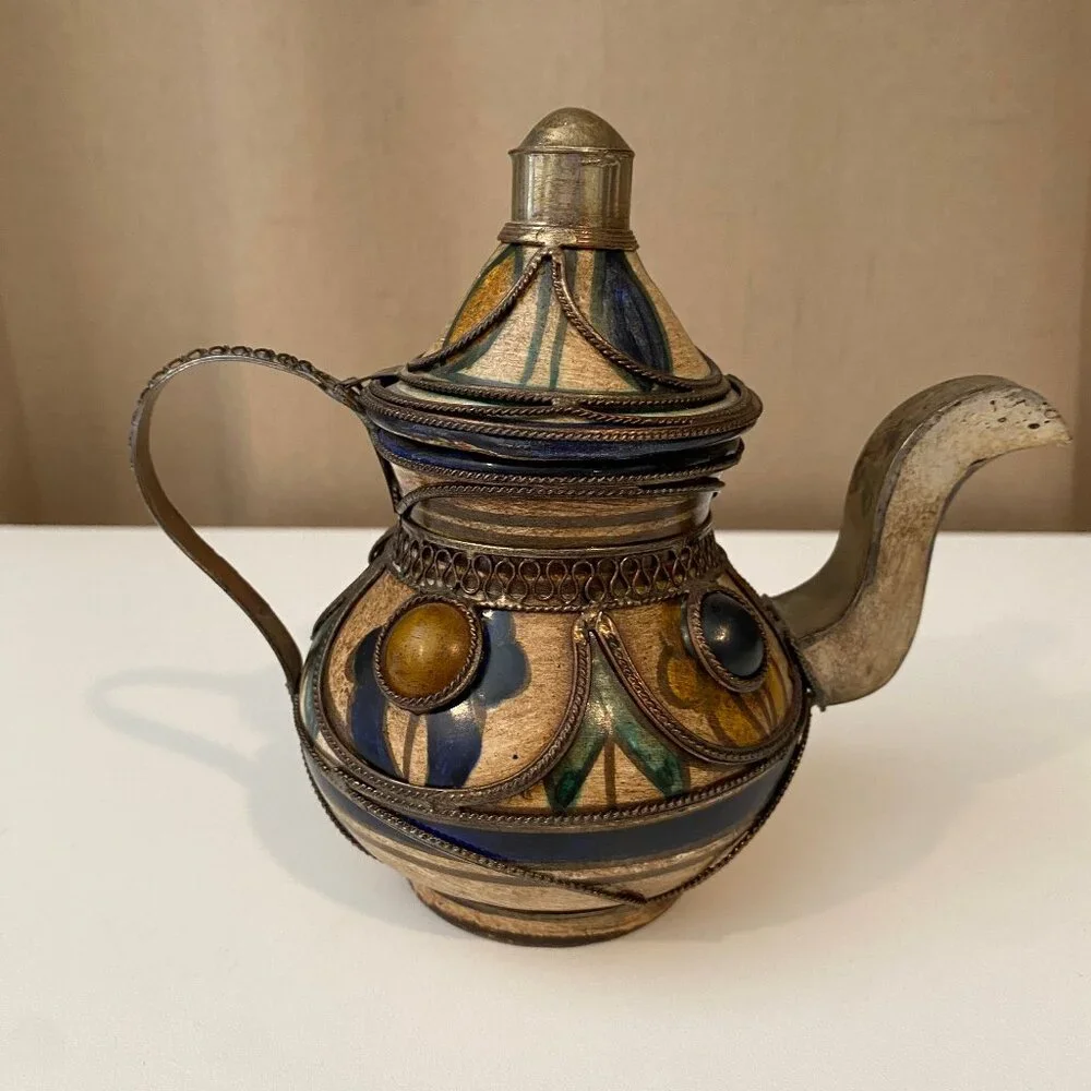 Vintage Moroccan Ceramic Tea‎ Pot – Silver Filigree & Gemstone Accents